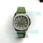 PPF Swiss Clone Patek Philippe Aquanaut 35.6mm Green Rubber Strap Diamond Quartz Ladies Watch 